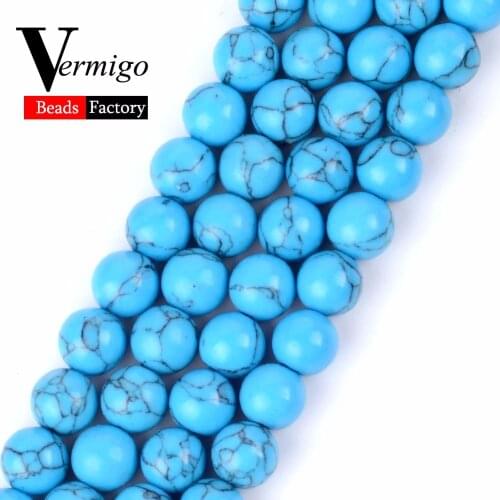 Natural Blue Turquoises Stone Round Loose Beads For Beadwork Jewelry Making Beads Diy Bracelet Necklace 4 6 8 10 12MM 15"Strand