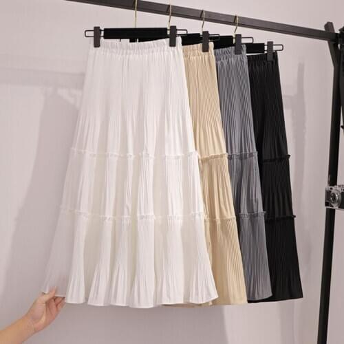 Summer Pleated Skirts Womens 2020 New Korean Elastic High Waist Cake White chiffon Skirts Solid Elegant A Line Midi Skirt