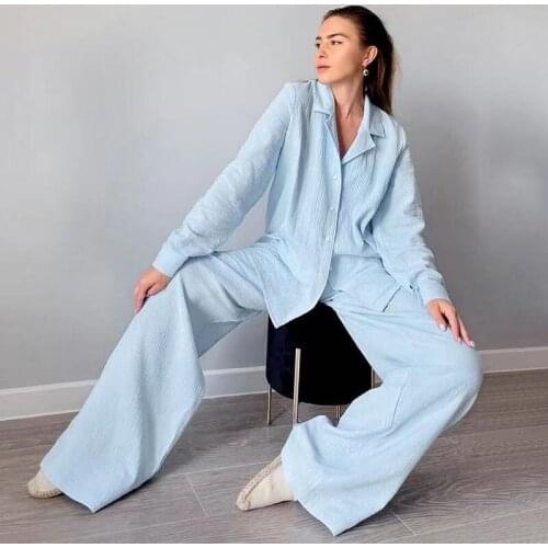 Autumn Products Ladies Milk Blue Suit Pure Color Pure Cotton Comfortable Soft Simple Top Pants Two-piece Womens Clothing WF51