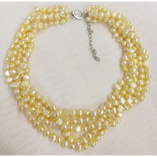 5 rows 9mm light yellow baroque flat pearl choker necklace natural freshwater pearl Woman Jewelry 14'' 35cm 43cm 17