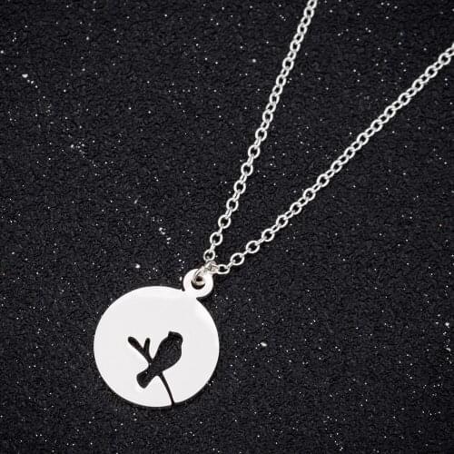 Gold Silver Color Stainless Steel Round Disc Bird Necklace Bird On The Branch Pendant For Women Nature Animal Minimalist Jewelry
