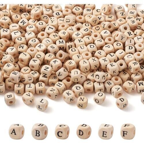 Pandahall 520pcs Natural Wood Letter Bead 10mm Square Cube Alphabet A-Z Wooden Beads For Bracelet DIY Jewelry Making Accessories
