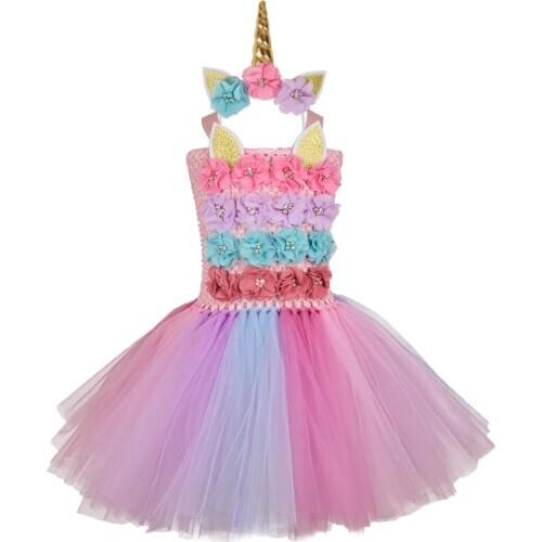 Little Child Unicorn Tutu Dress Girls Floral Unicorn Birthday Fluffy Party Dresses Gold Unicorn Horn Headband Halloween Costume