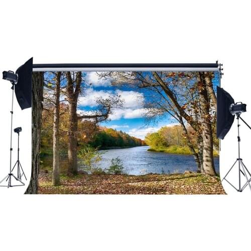 Nature Autumn Backdrop Falling Leaves Backdrops River Jungle Forest Trees Blue Sky White Cloud Background