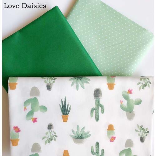 100% cotton twill cloth cartoon GREEN cactus with flower dot plain dark green fabric for DIY sheet bedding dress patchwork decor