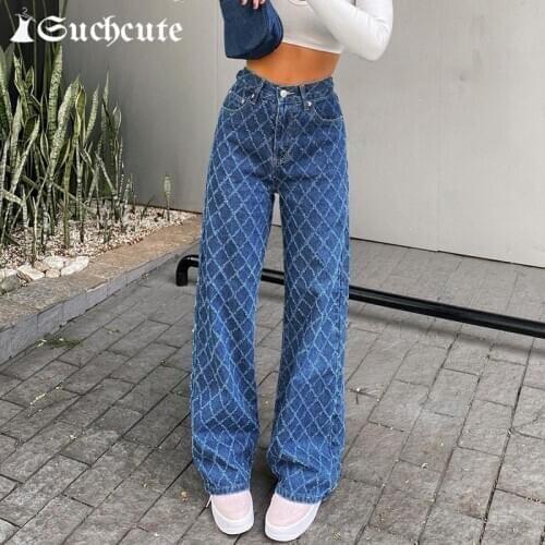 SUCHCUTE High Waist Wide Leg Pants 2021 y2k Fashion Plaid Pattern Female Jeans Pants Korean Style Casual Trousers Harajuku