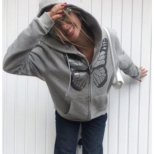 Y2K Fashion Oversized Butterfly Graphic Rhinestone Zip Up Hoodies E-girl 90s Streetwear Diamond Grey Long Jacket Autumn 2021