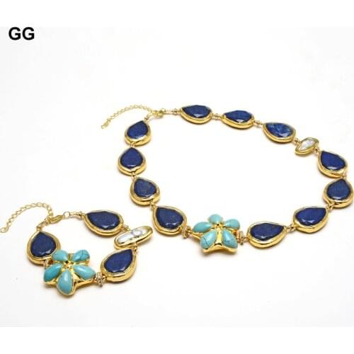 GuaiGuai Jewelry Natural Blue Lapis Lazuli Turquoises Flower White Biwa Pearl With Electroplated Edge Necklace Bracelet Sets