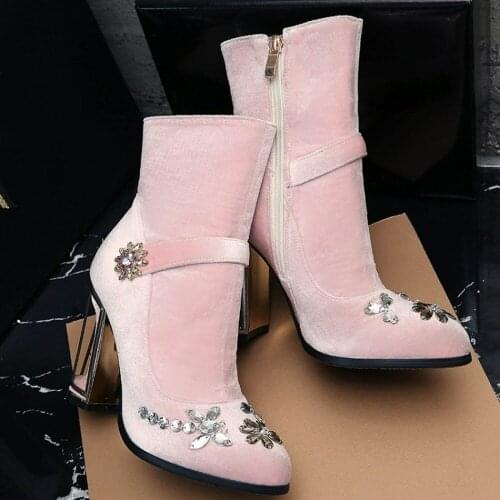 Womens Velvet Leather Ankle Boots Rhinestones Crystal Flowers Side Zipper Birdcage Strange High Heel Shoes Black Pink Luxury Sz