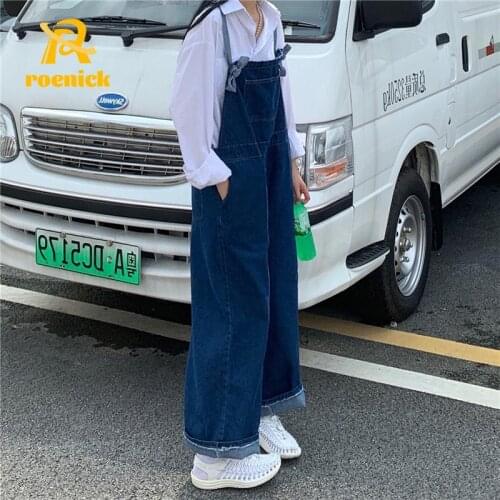 ROENICK Women Spring Loose Denim Jumpsuits Female 2021 Summer New High-Waist Wide-Leg Pants Korean Kawaii Pocket Blue Rompers