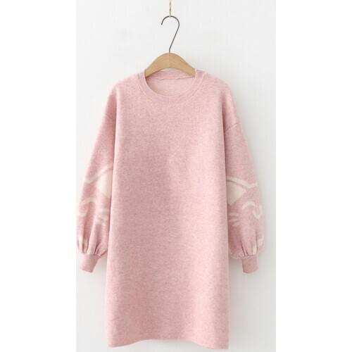Women Casual Sweater Autumn Winter Middle Long Loose Pullover Student Long Sleeve Round Collar Sweet Knitted Chic Girl Top H9473
