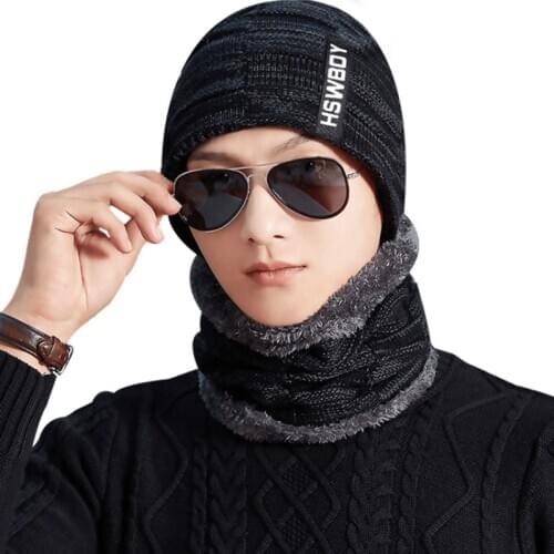 2 Pcs Winter Warm Hat Scarf Set For Men Skullies Beanies Plus Velvet Thick Winter Hat Scarf Knitted Cap Beanie Unisex JNM03