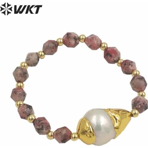 MPB023 Trendy Female Faceted stone bead jewelry bracelet pearl with gold plated charm women bracelet adjustable size