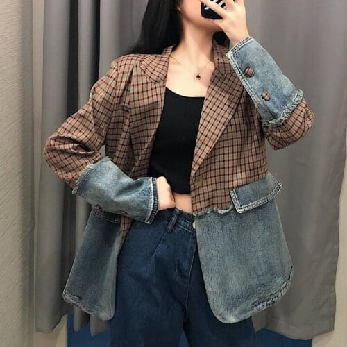 HStar 2020 Spring Autumn Women Loose Korean Denim Coat lady Plaid Matching Suit Jacket female splice work jackets