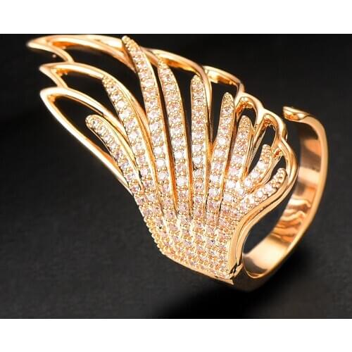 GODKI Luxury Feather Angel Wing Bold Statement Rings with Shinning Cubic Zircon2020 Women Engagement Party Jewelry High Quality