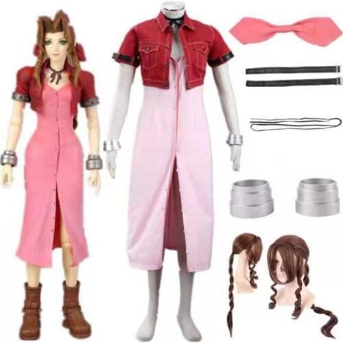 Game Final Fantasy VII 7 Aerith Aeris Gainsborough Cosplay Costumes Women Pink Long Dress Halloween Carnival Party Cute Skirt