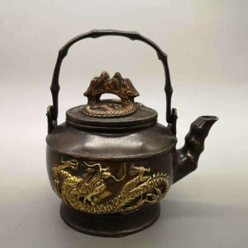 Chinese Pure Brass Teapot Ssangyong Play Pearl Crafts Statue