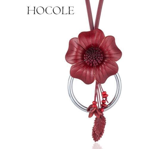 HOCOLE Geniune Leather Flower Leaf Pendant Necklaces Vintage Women Long Tassel Big Choker Necklace Statement Jewelry Collares