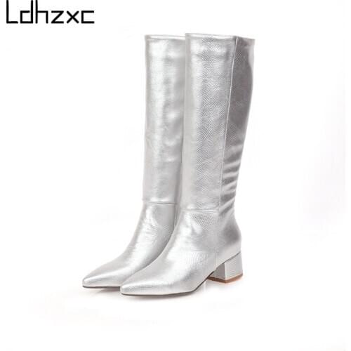LDHZXC 2020 Women Knee High Western Boots Plus Size 34-42 Female High Heels Fashion Party Night Club Shoes Woman Winter Warm