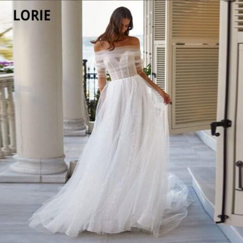 LORIE Glitter Wedding Dresses Strapless Tulle Short Sleeves White Ivory Backless Custom Made Wedding Gown Boho Bride Dress