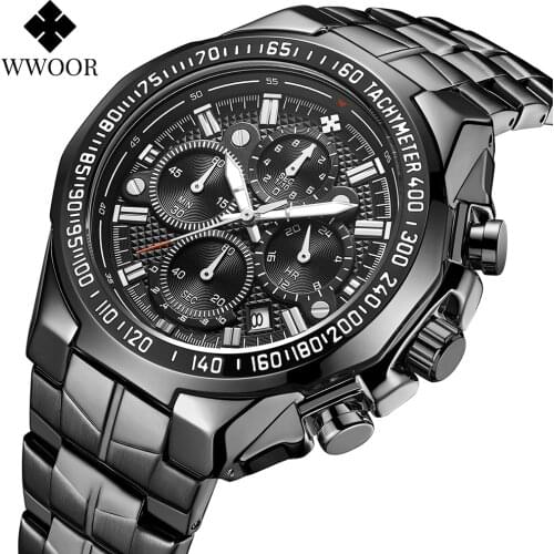 WWOOR Fashion Military Big Watches For Men Full Black Sport Quartz Watch Top Brand Luxury Stainless Steel Waterproof Wrist Watch
