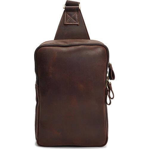 Retro Genuine Leather Real Cowhide Crazy Horse Chest Bag Pack Crossbody Shoulder Messenger Sling Bag Travel Double Zipper