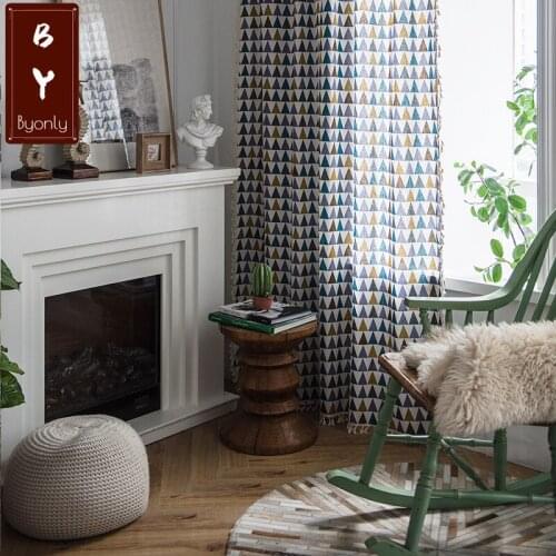 Simple Polyester Cotton Geometric Yellow-green Triangle Tassel Curtain for Living Dining Room Bedroom