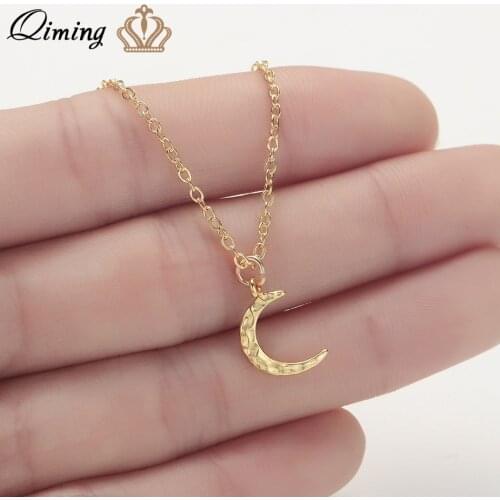 QIMING Tiny Crescent Moon Necklace For Women Crystal Jewelry Golden Bohemia Necklace Cute Birthday Gift