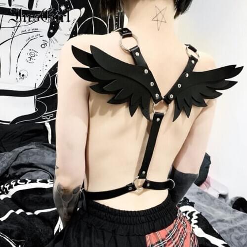 InsGirl Harajuku Mall Goth Angel Wings Harness Sexy Gothic Belts Punk Fashion Dark Black Pu Leather Garter Belt Women Clubwear