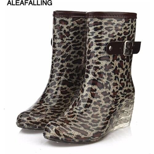 Aleafalling Spring winter 6cm about high heel mid-calf boot women wedge rain boots preppy style solid waterproof buckle shoew052