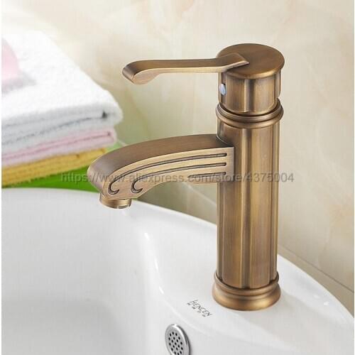 Deck Mounted Single Handle Hole Bathroom Sink Mixer Faucet Antique Brass Hot and Cold Water Mixer Tap Nan039