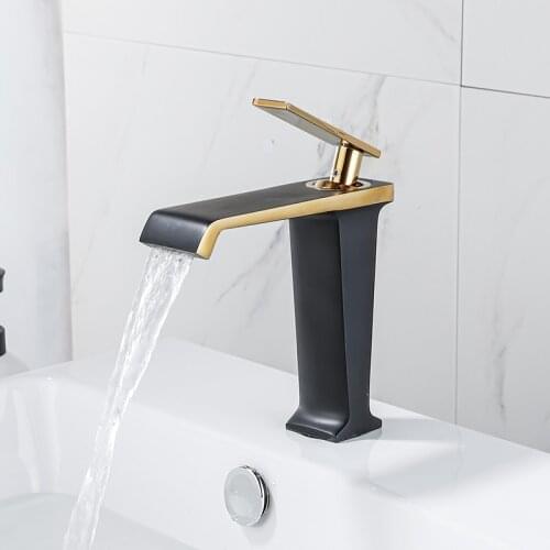 Basin Waterfall Faucet Black Gold Brass Bathroom Mixer Faucet Hot and Cold Single Hole Basin Crane Sink Taps Wash Basin Torneira