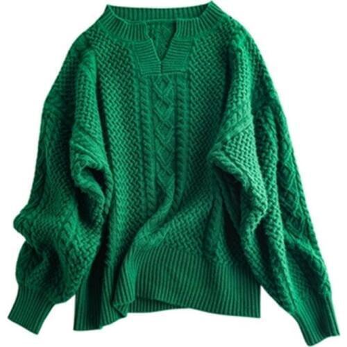 Pure cashmere thick twisted knit women fashion solid Vneck loose pullover sweater S-L retail wholesale