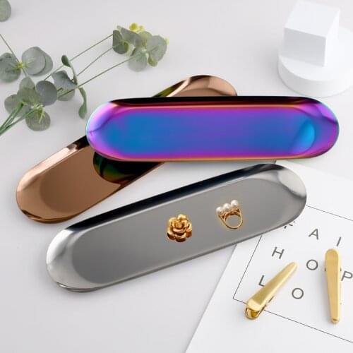30CM Stainless Steel Plate Gold Oval Fruit Plate Mirror Earrings Jewelry Display Tray Home Desktop Decorative Storage Box