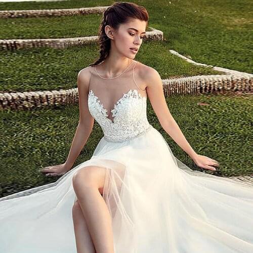 Tulle A-line Wedding Dress O-Neck Illusion Appliques Custom Made 2020 Bridal Gowns Vestidos De Noiva