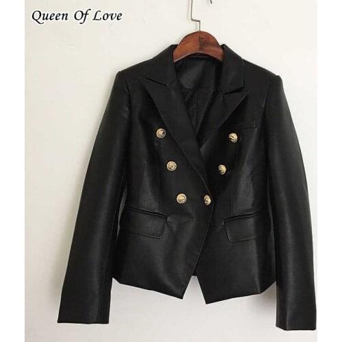 2021 New Autumn Winter Streetwear Synthetic Leather Double Breasted Jackets And Coats Women Metal Lion Button Jacket Outwear