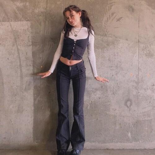 Women Y2K Aesthetics Jeans Vintage Solid Color Slim Straight Wide Leg Pants Trousers E-girl Spring Autumn 90s Fashion Streetwear