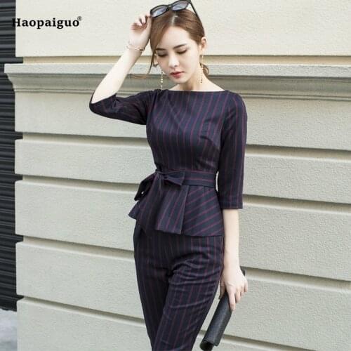 Two Piece Set 2020 Summer Office Business Suit Women Long-sleeves O-Neck Sashes Striped Blouse Tops and Nine Pants 2 Piece Set