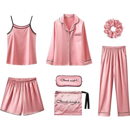 JULYS SONG 7 Pieces Women Pajamas Set Stain Soft Pyjama Spring Autumn Female Nightwear Solid Faux Silk Shorts Homewear 2020
