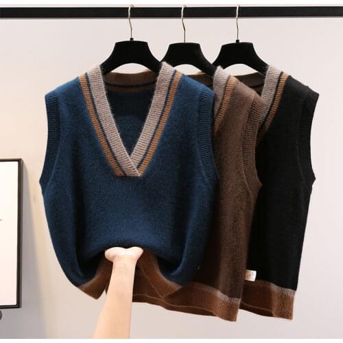 2021 spring and autumn Korean version of the new ladies knitted pullover sweater sleeveless v-neck color matching vest casual