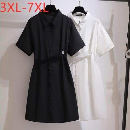 New 2021 Ladies Summer Plus Size Shirt Dress For Women Large Short Sleeve Cotton Black Button Mini Dress 3XL 4XL 5XL 6XL 7XL