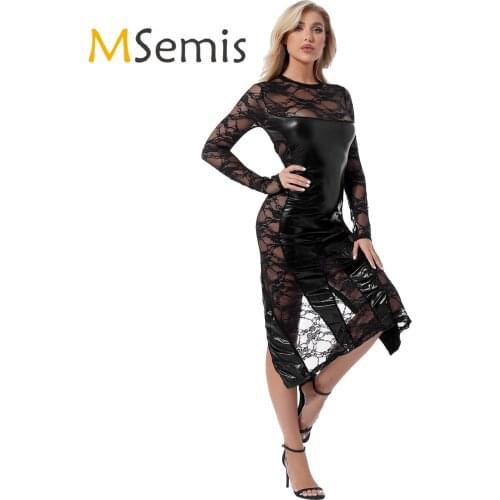 Womens Lingerie See Through Dress With G-String Briefs Sexy Ladies Round Neck Long Sleeves Embroidered Lace Leather Split Dress