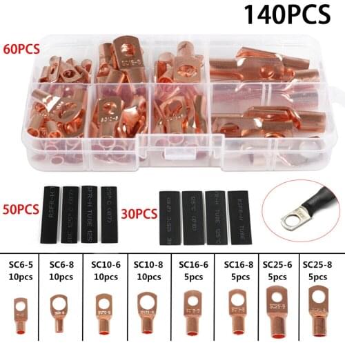 140PCS Connecting Terminal Assorted Copper Rings Lug Terminal Wire Bare Crimp Connectors Heat Shrink Tubings Welding Accessories