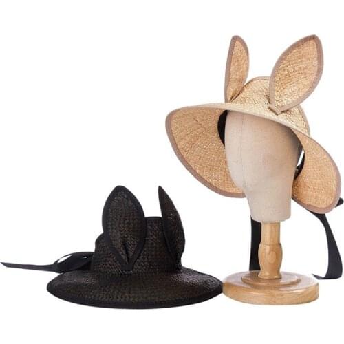 2021 Designer Children Rabbit Ears Beach Hat Black Empty Top Sun Caps Girls Boys Summer Sunshade Raffia Party Hats Wholesale