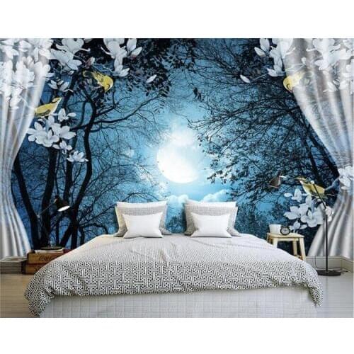 3D Wall Mural Wall Paper Natural Scenery Peaceful Night Forest Moon Custom 3D Room Landscape Photo Wallpaper Window View Bedroom