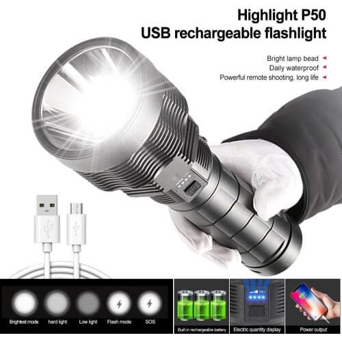 5 modes Outdoor USB rechargeable hunting flashlight Torch waterproof electric display LED glare P50 camping flashlight lantern