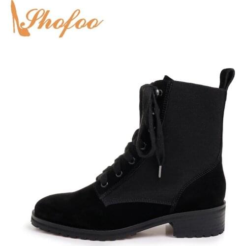 Black Ankle Boots Med Chunky Heels Round Toe Woman Zip Lace-Up Large Size 13 15 Ladies Fashion Flock Sexy Booties Shoes Shofoo