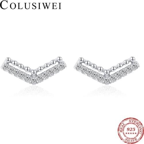 Colusiwei Top Quality 925 Sterling Silver Retro Clear CZ V Shape Stud Earrings for Women Korea Style Earrings Creative Jewelry