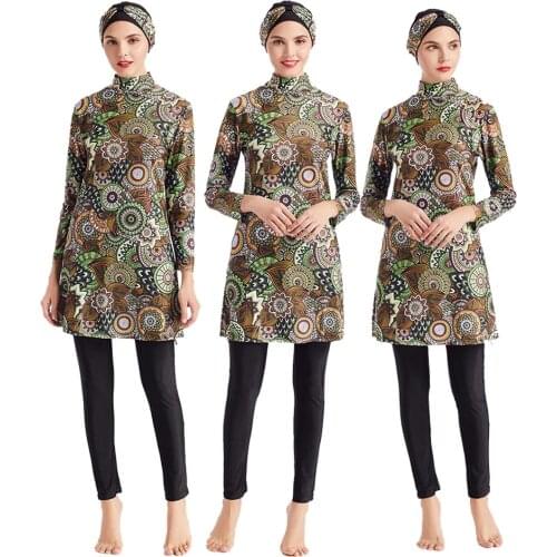 Islamic Women Muslim Swimwear 3 Piece Sets Burkini print Hijab Swimsuit Modest Swim Surf Wear Sport Full Suit for Swimming 2021
