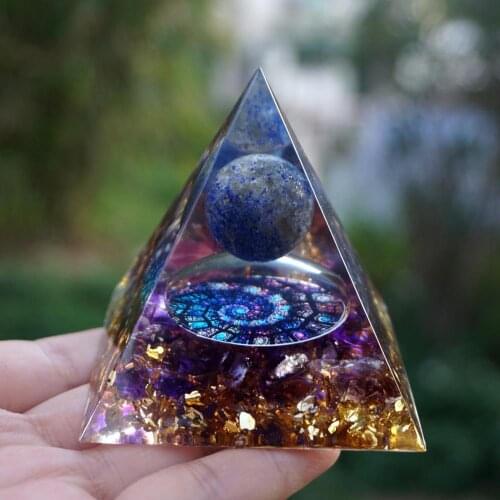Lapis Lazuli Crystal Sphere Orgone Pyramid Natural Amethys Pyramid Desktop Ornament Positive Energy Generator Home Decor TS2